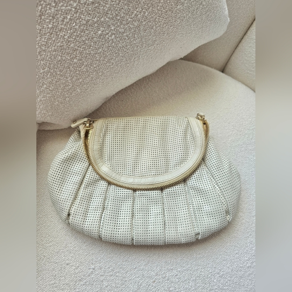Loeffler Randall, Off White and Gold Perforated Leather Clutch